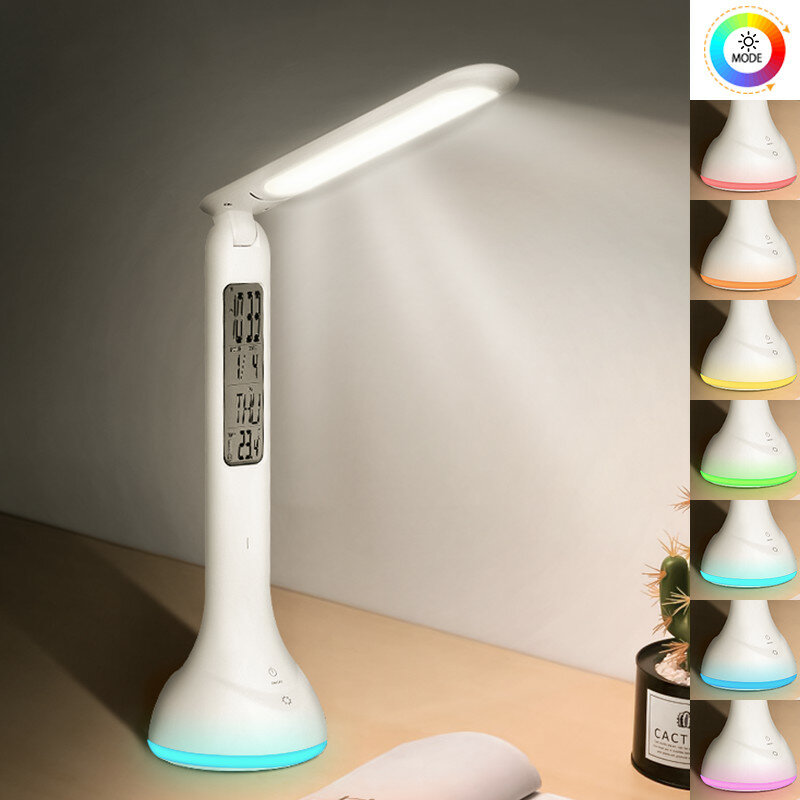 Led desk lamp dobrável regulável toque recarregável lâmpada de mesa com calendário temperatura despertador luzes da noite laopao