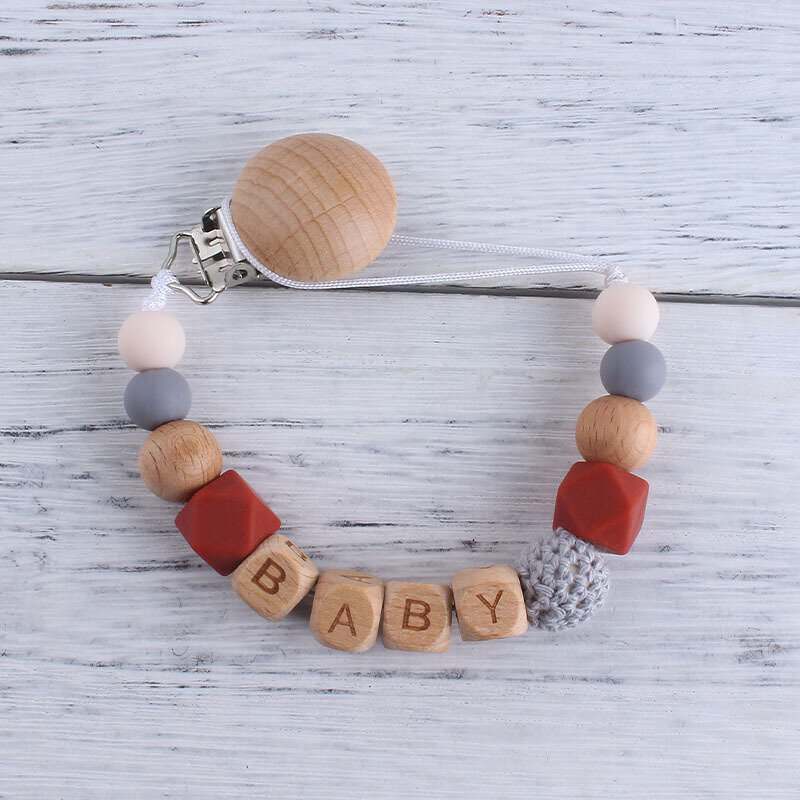 Personalized Pacifier Clip Handmade Baby Name Silicone Teething Beech Wood Chew Beads holder for pacifier clips Dummy Chain
