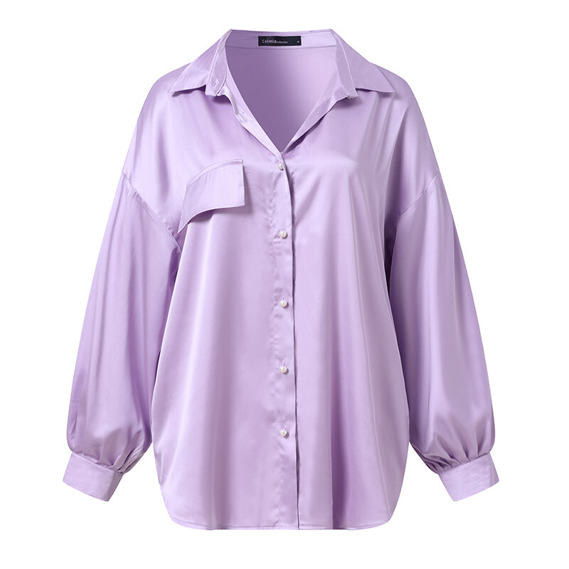 Celmia-Blusa informal de satén con manga larga para mujer, camisa elegante de Color liso, ropa de calle, otoño, 2021