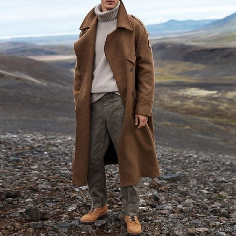 Мужской длинный Тренч в стиле ретро, коричневое теплое шерстяное пальто в стиле ретро, уличная одежда, верхняя одежда, 2021