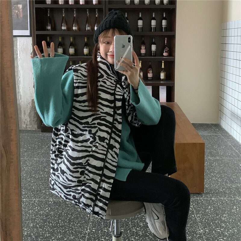 패션 새로운 한국어 느슨한 얼룩말 양면 코튼 조끼 + 니트 스웨터