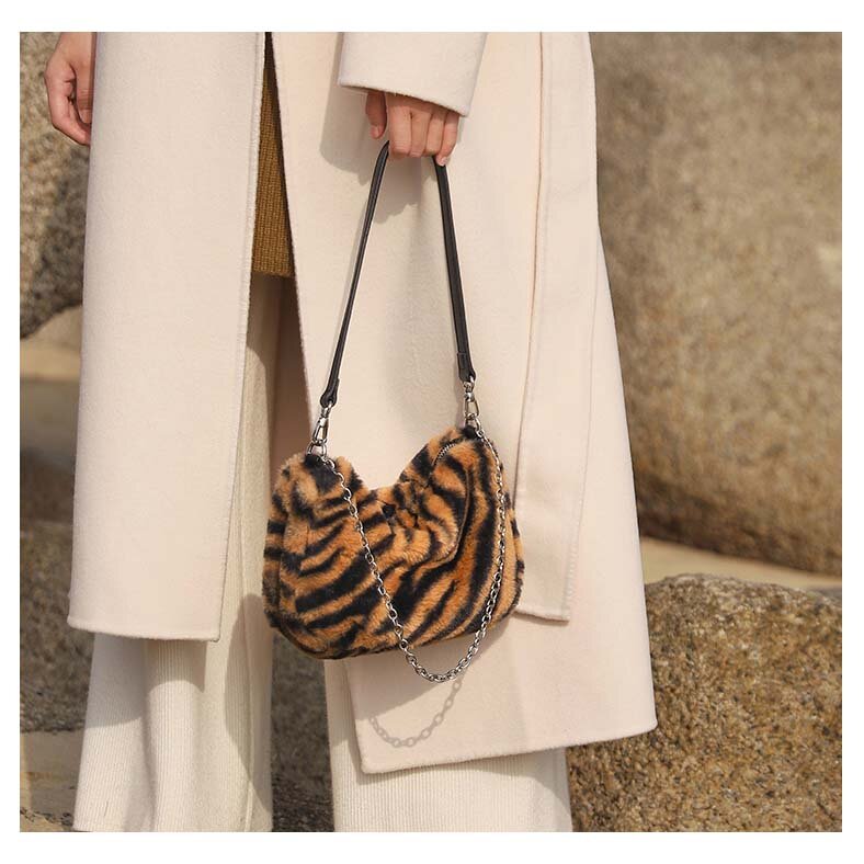 Moda leopardo saco de pele do falso bolsa de ombro das mulheres marca macia corrente de pelúcia bolsa feminina animal impresso mensageiro sacos para mulher