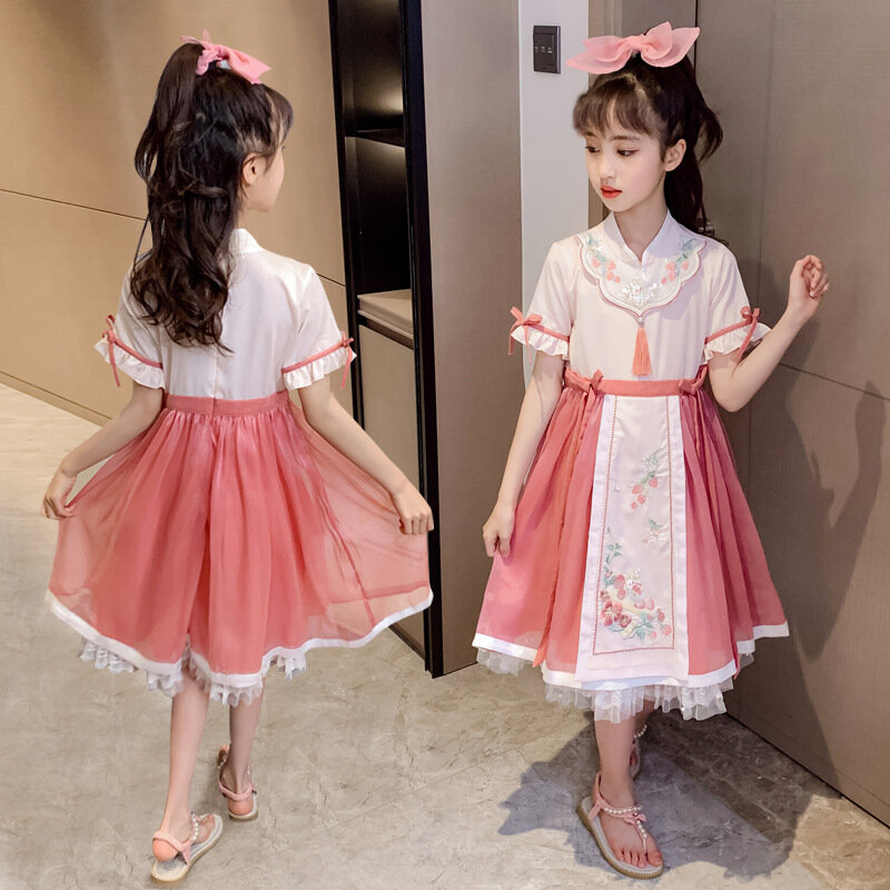 Новинка лета 2021, платье для древней девочки Hanfu в этническом стиле, китайская Ретро Вышивка, сетчатая газовая юбка Hanfu, для детей среднего воз...
