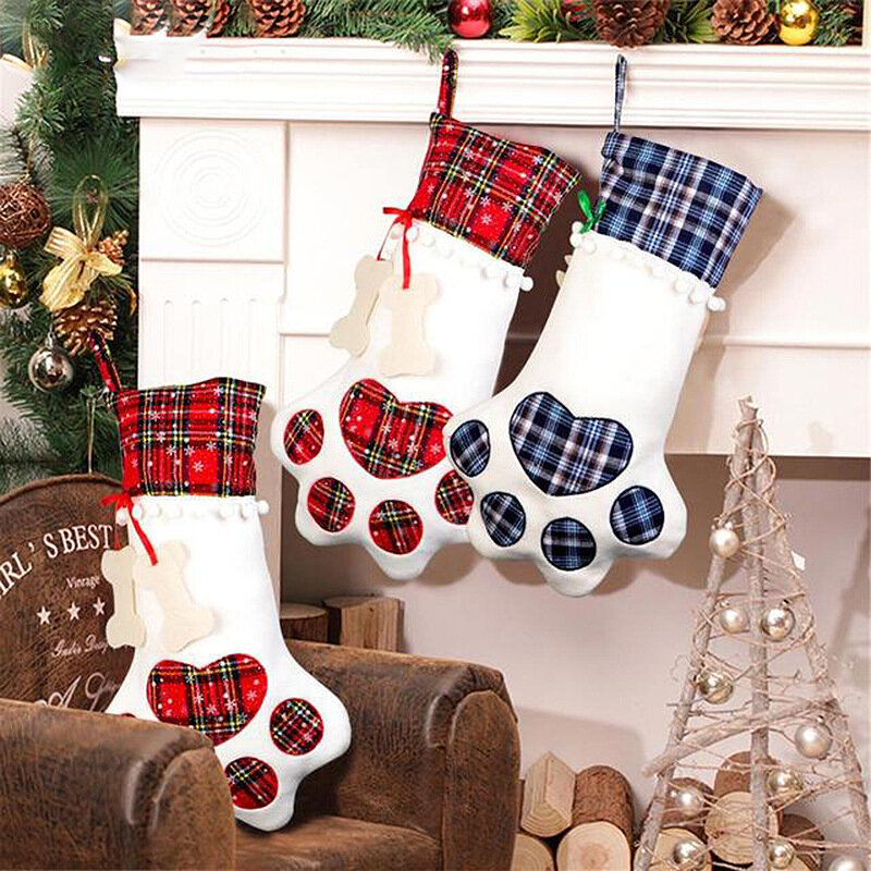 18'' Large Personalized Pet Christmas Stocking Cat Dog Named Paw Pattern Hanging Stockings for Xmas Tree Decorations