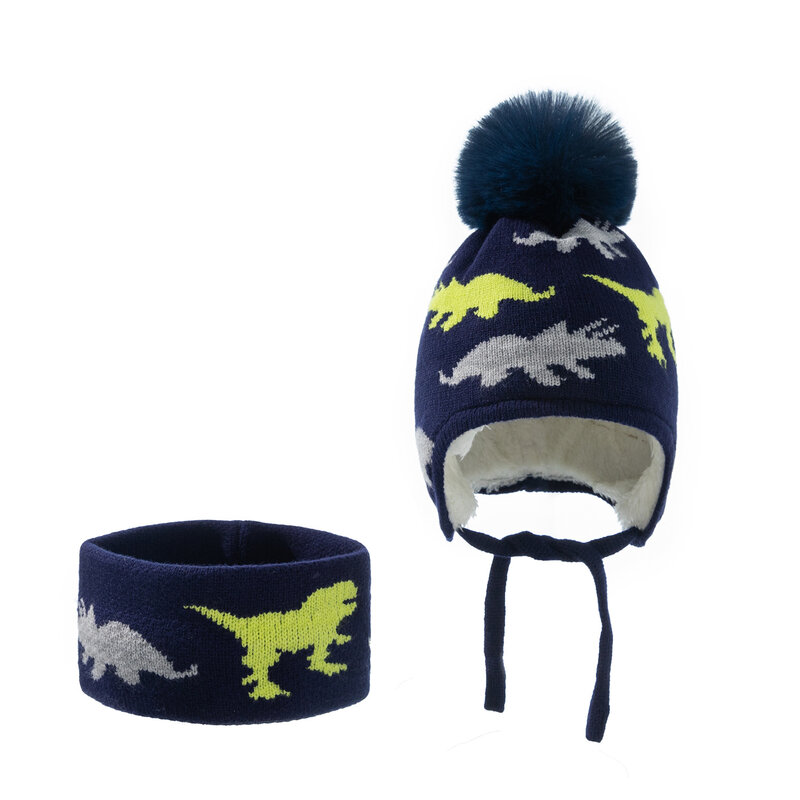 Ensemble de chapeaux et écharpes tricotés chauds pour enfants, bonnet en laine épaisse, imprimé dinosaure, col, cadeau de noël, mignon pour bébé fille et garçon