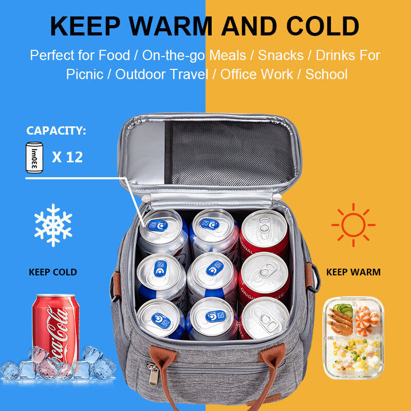 Tomtro bolsa térmica portátil para piquenique, bolsa térmica com isolamento térmico para armazenamento de alimentos 9l de ombro para viagem, bolsa de piquenique