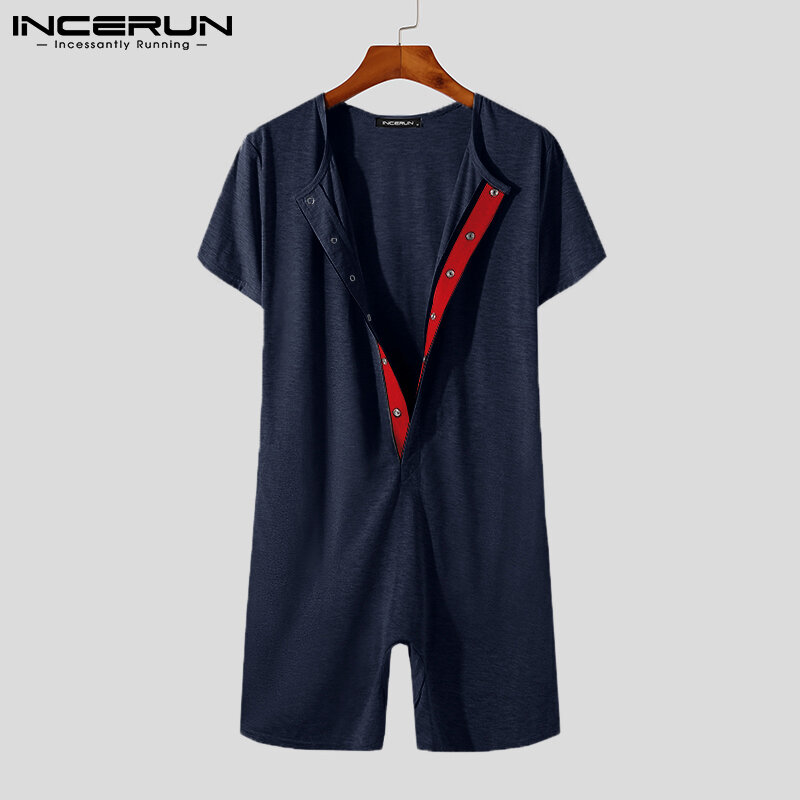 INCERUN Men Pajamas Rompers Patchwork 2022 O-neck Short Sleeve Button Homewear Playsuits Cozy Skinny Leisure Jumpsuits Men 5XL 7