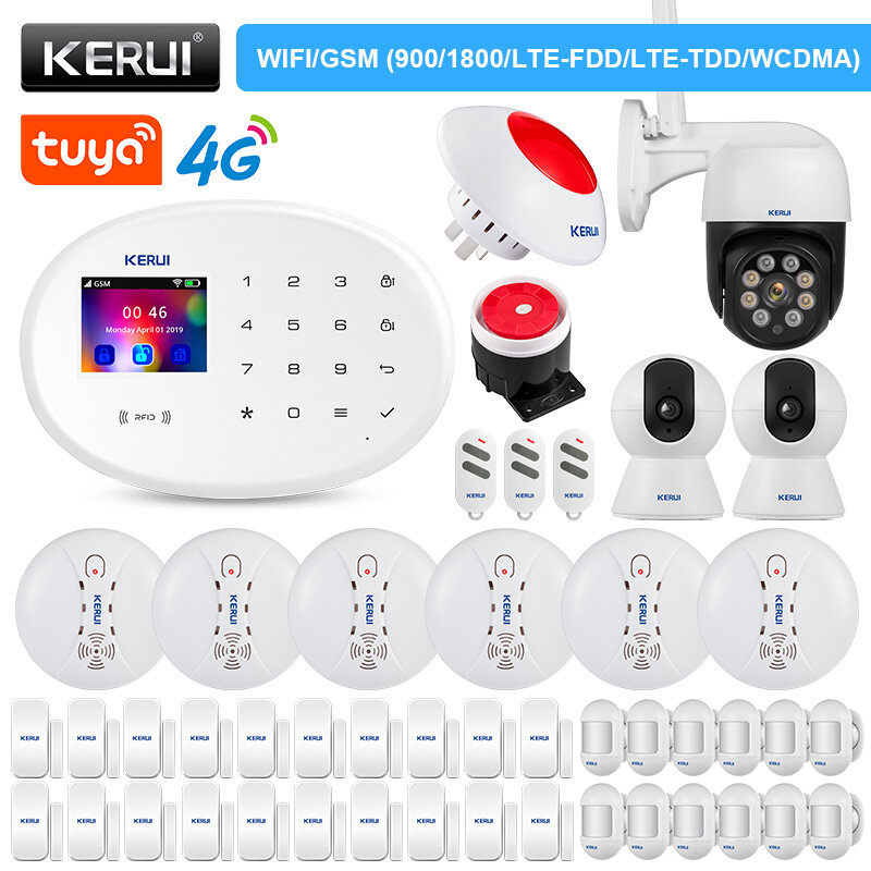KERUI-sistema de alarma W20, Detector de movimiento con Sensor de puerta, sirena inalámbrica, cámara IP, WIFI, GSM, 4G, Tuya, APP inteligente, Control remoto