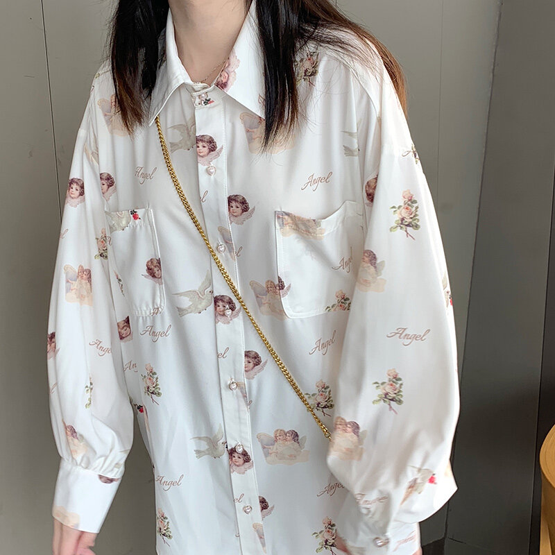Blusa estampada com ângulo estampado feminina, manga longa estilo kong-style, camisas femininas brancas e pretas da moda, blusas femininas casuais soltas 806i