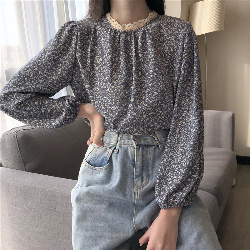 Women's Design Sense Niche Shirt Spring and Autumn 2021 New French Short Floral Long-sleeved Shirt Loose and Thin Single Size