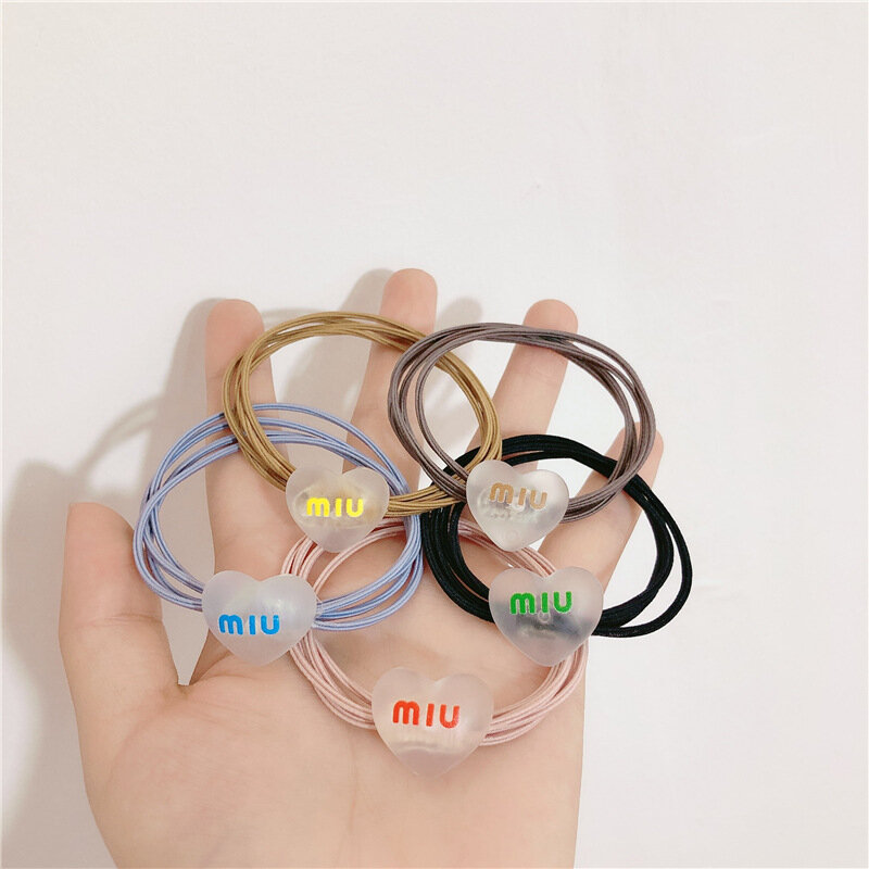 Conjunto de 2 unids/set para mujer, anillo de pelo de corazón acrílico Simple de color coreano, banda de goma elástica alta para niña, accesorios para el cabello de moda