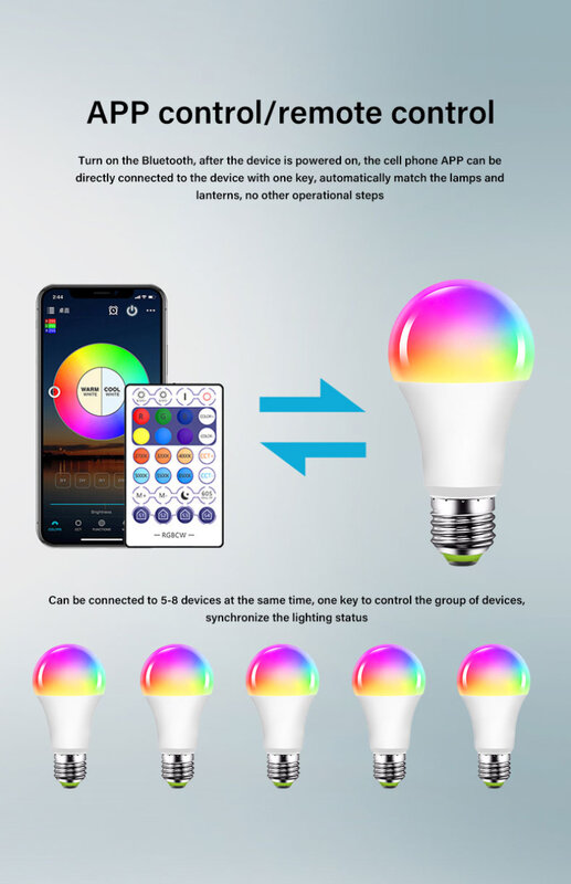 Умная Bluetooth-совместимая лампа RGB + CCT, 110 В, 10 Вт, регулировка яркости, управление через приложение, умная лампочка, оптовая продажа, круглая лам...