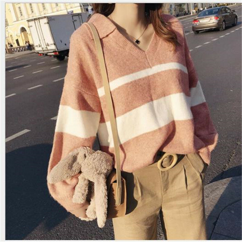 Fashion Striped Women Sweater Pullovers Autumn Winter Knitted Tops Jumper Lady Short V-Neck Loose Pull Femme Hiver 2019 New M246