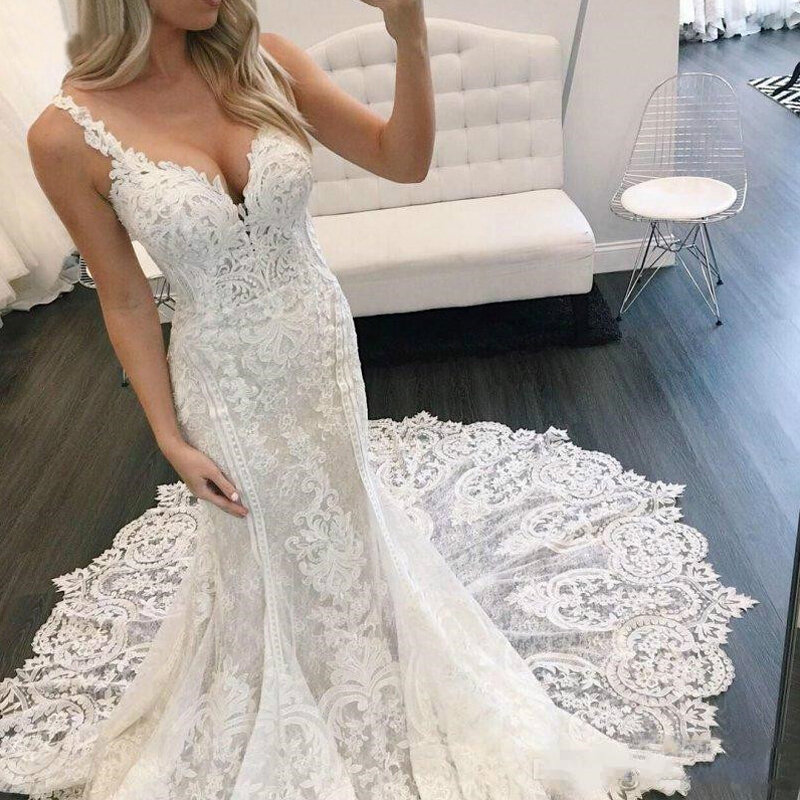 Lover Kiss – robe de mariée sirène, grande taille, Sexy, longue traîne, col en V, bretelles Spaghetti, 2022