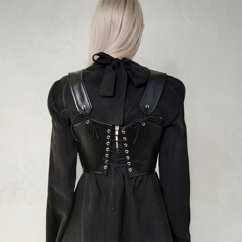 Top leather de couro falso feminino, back, sem mangas, com amarração, bandagem, regata, cruz, costas abertas, irregular