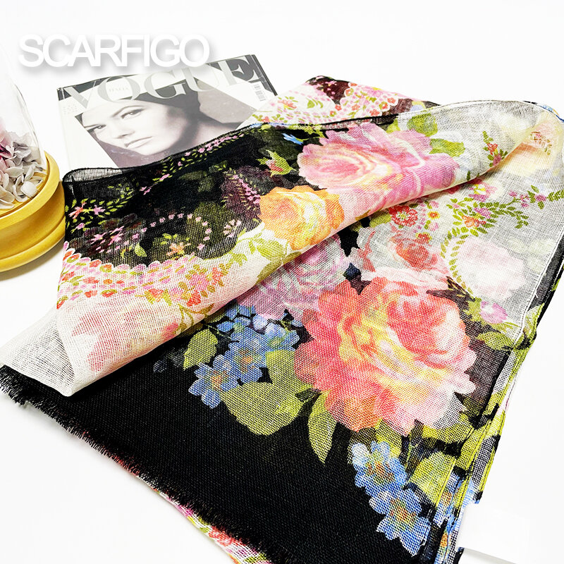 SCARFIGO ดอกไม้การพิมพ์100% ผ้าลินินผ้าพันคอผู้หญิงฤดูใบไม้ผลิผ้าคลุมไหล่175*55ซม.