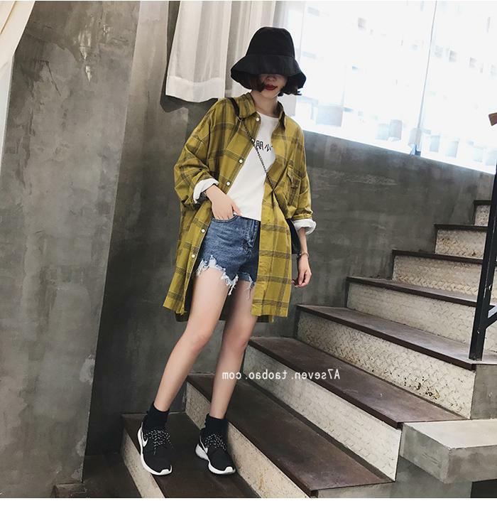 얇은 격자 무늬 코트 여성 여름 한국 스타일 유행 학생 다목적 느슨한 BF 대형 태양 보호 의류 중간 길이