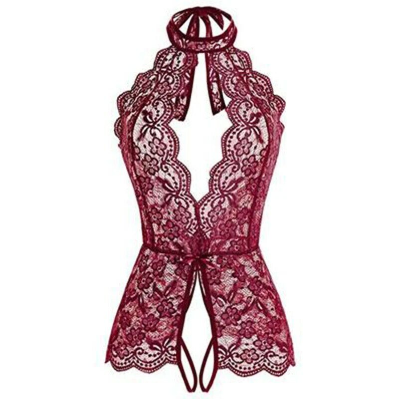 Leechee feminino halter lingerie sexy conjunto de renda oco para fora erótico sem encosto de uma peça sleepwear impressão perspectiva roupa interior