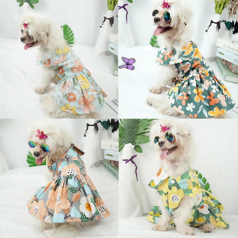 Платья с цветочным рисунком для домашних животных, ошейник для кукол, юбки с цветочным рисунком для собак и кошек, юбки для щенков и принцесс...
