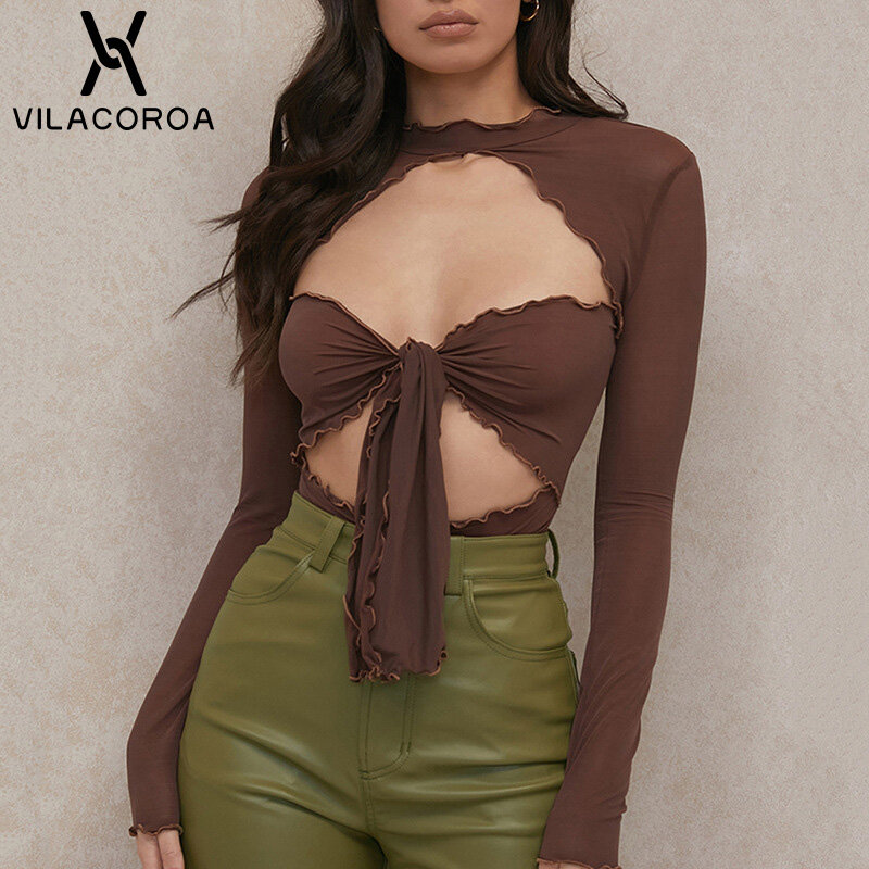 Y2k em torno do pescoço manga longa magro bodysuit feminino streetwear plissado bandagem de uma peça sexy oco boate macacão roupas femininas