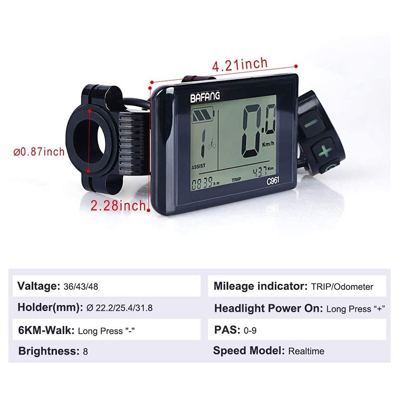 Electric Bicycle E-Bike C961 Display Indicator for Bafang Mid Drive Motor Electric Bicycle Conversion Kits E-Bike Parts