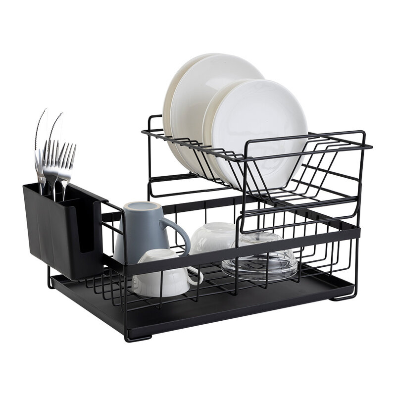 Égouttoir à vaisselle, support de séchage de vaisselle avec égouttoir de cuisine, léger comptoir organisateur d'ustensiles rangement pour la maison noir blanc à 2 niveaux