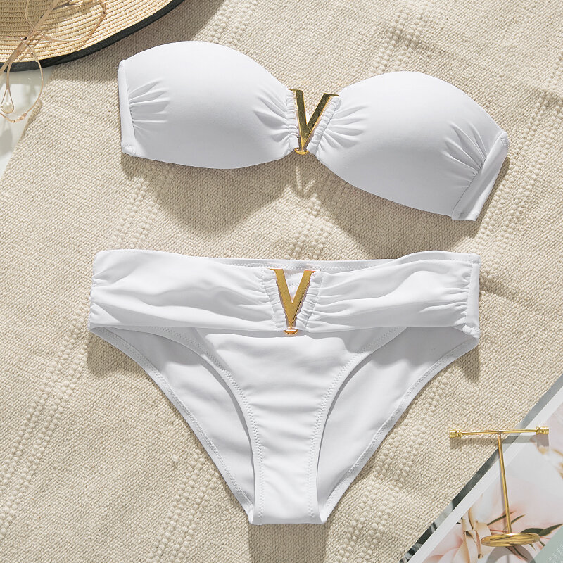 V Белый пуш-ап женский купальник 2022 новый летний пляжный сексуальный комплект бикини однотонный купальный костюм для женщин купальник банд...