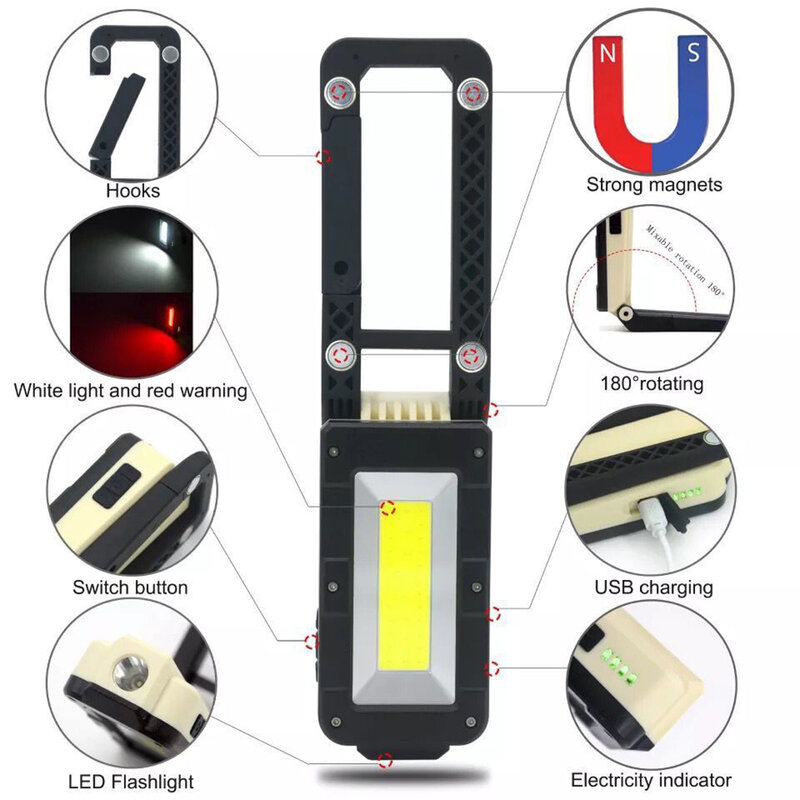 COB Làm Việc USB Sạc LED Điều Chỉnh 180 Độ Đa Năng Di Động Dưới Thiết Kế Nam Châm Cắm Trại
