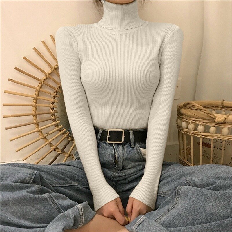 Pull tricoté à col roulé pour femme, chandail doux et chaud, Slim, basique, collection automne-hiver 2021