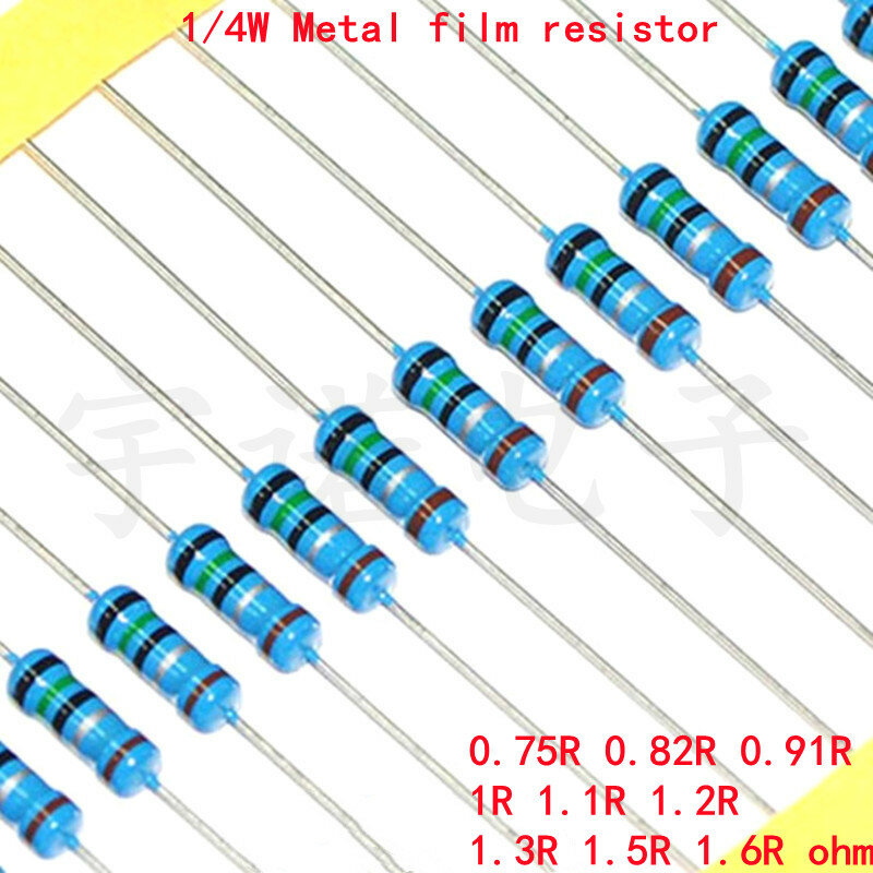 100 шт., металлический пленочный резистор 1/4 Вт 1% 0.75R 0.82R 0.91R 1R 1.1R 1.2R 1.3R 1.5R 1.6R 0,75 0,82 0,91 1 1,1 1,2 1,3 1,5 1,6 Ом