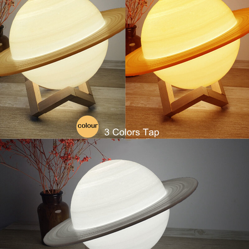 Lâmpada 3d saturno com luz noturna, lâmpada recarregável com 3 cores 16 cores decoração remota