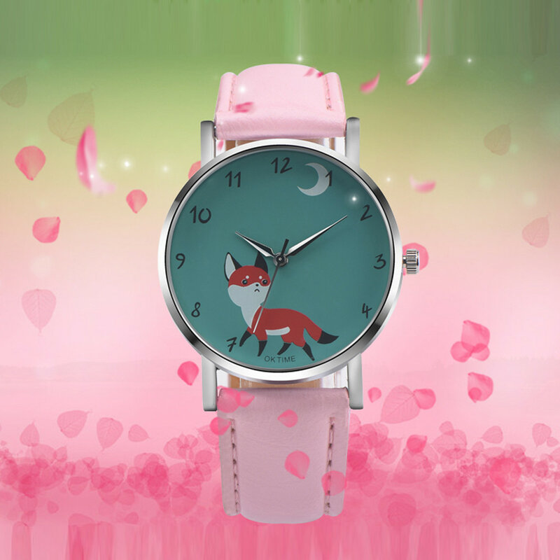 2022 venda quente relógio retro dos desenhos animados bonito raposa design relógio de pulso pulseira de couro analógico liga quartzo relógio de pulso saat presente q