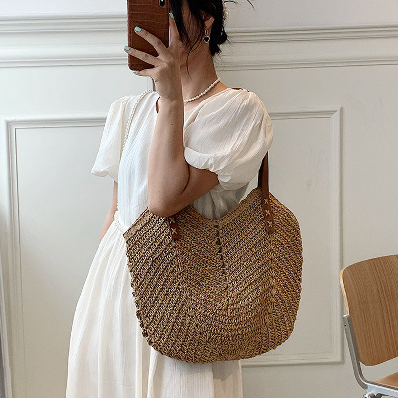 Bolsas femininas de ombro, sacola de praia de palha de alta capacidade tecido à mão