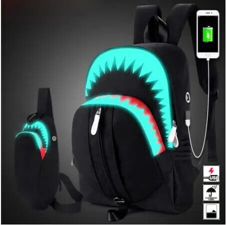 Fashion Luminous Student School Bags USB Charging Men's Shark School Backpacks Chest Bag Teenager Boy Girls Travel Women Mochila