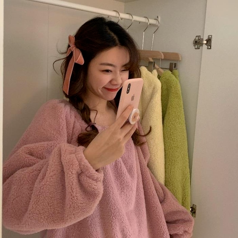 QWEEK – pyjama en flanelle pour femmes, couleur unie, vêtements de maison, rose, jaune, vert, vêtements de nuit d'hiver, mode coréenne, mignon