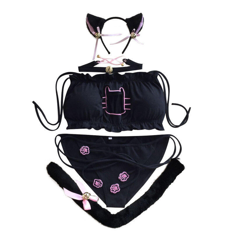 Lolita-lencería Sexy con orejas de gato para Cosplay, Conjunto de sujetador Kawaii con volantes, bragas, Gargantilla con huellas bordadas, Neko, Miku