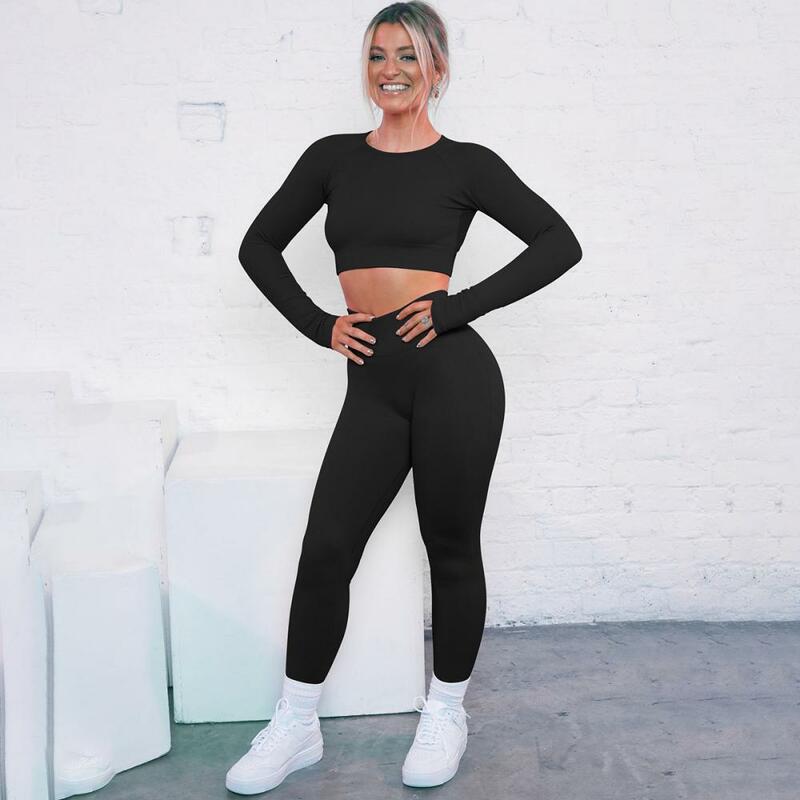 2 Potong Pakaian Set Yoga Mulus Legging Wanita Pinggang Tinggi Olahraga Crop Top Push Up Tracksuit Fitness untuk Wanita Pakaian Gym