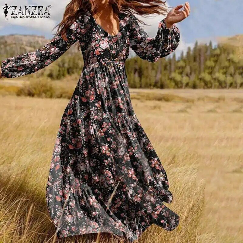 2021 feminino boêmio impresso vestidos zanzea outono puff manga plissado maxi vestidos de festa de férias casual oversized robe femme 7