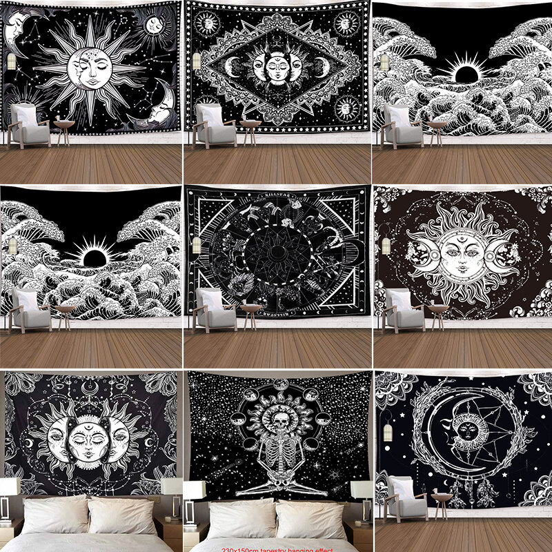 Tapete de mandala para parede, branco, preto, sol e lua, tapeçaria de pendurar na parede, estilo hippie, decoração de dorm, 95x73cm