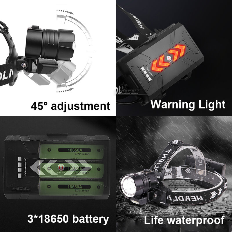50000000LM XHP360 poderoso farol de pesca USB recarregável XHP199 lâmpada de cabeça COB farol de acampamento caminhadas lanterna de cabeça LED