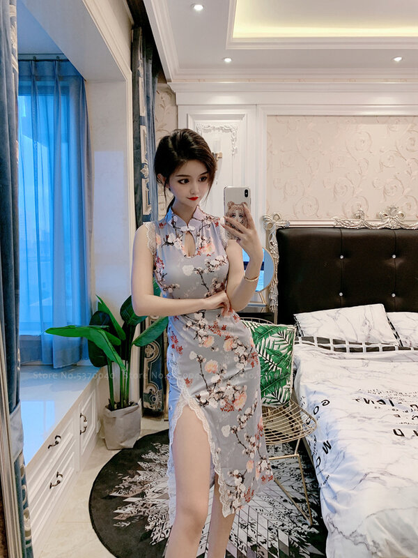 Gaun Panjang Renda Hanfu Elegan Wanita Seksi Kostum Pesta Perjamuan Karnaval Qipao Tradisional Cheongsam Gambar Cetak Retro Gaya Tiongkok