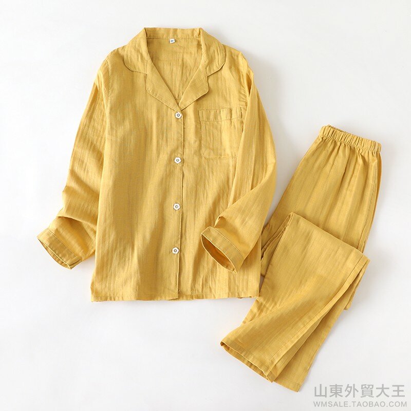 Japanese Couple Pajamas Long Sleeve Cotton Gauze Spring and Autumn Cotton Women's Thin Homewear Suit Loose