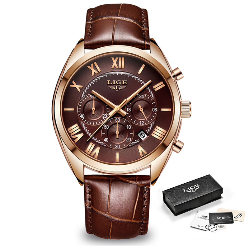 Lige relógio para homens marca superior luxo à prova d24 água 24 horas data relógio de quartzo couro marrom esportes relógio de pulso relogio masculino 2021