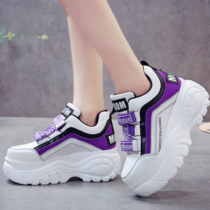 Sneakers Chunky Beralas Tebal Sepatu Platform Tinggi Perca Hitam Putih Wanita Alas Kaki Wedges Musim Gugur Musim Dingin Kasual Wanita G788