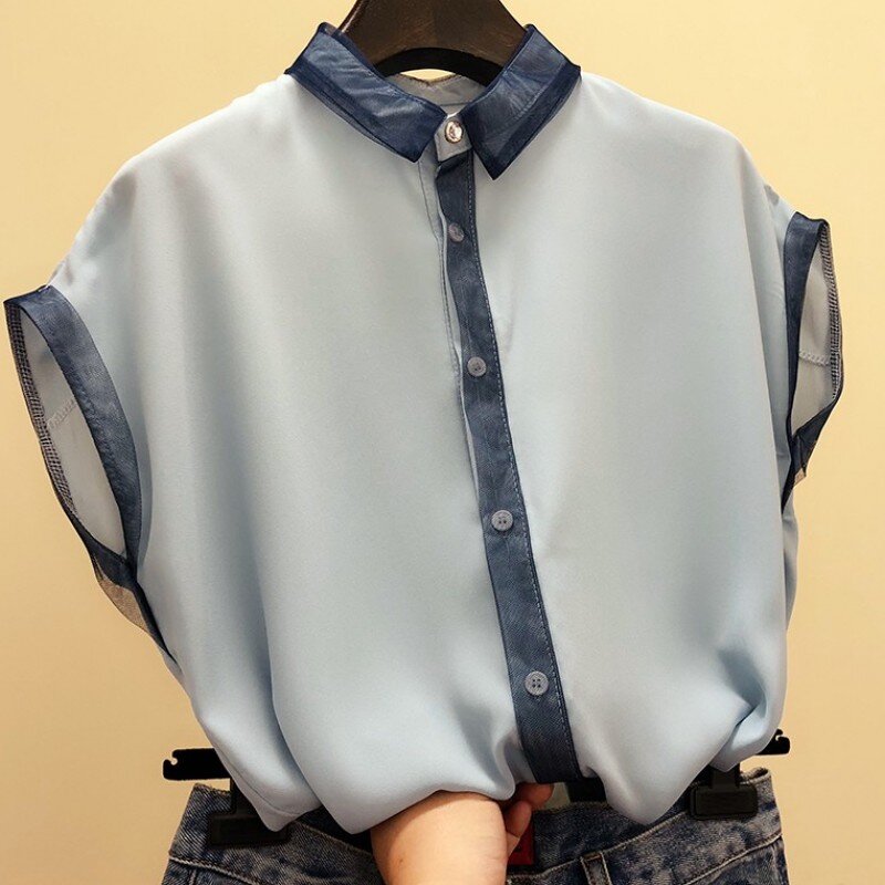 mesh patchwork chiffon women shirts 2020 summer new turn-down collar sleeved button slim solid lady elegant shirts outwear tops
