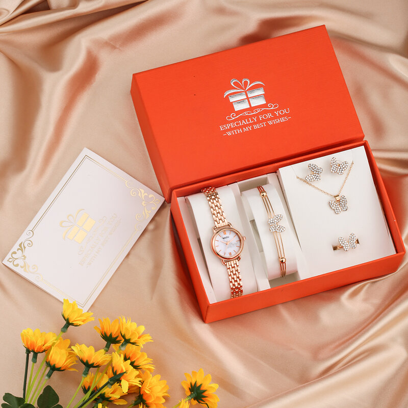 NAIDU-relojes de oro rosa de lujo para mujer, collar de diamantes, pendientes, anillo, pulsera, reloj de pulsera de cuarzo, conjunto de 5 piezas