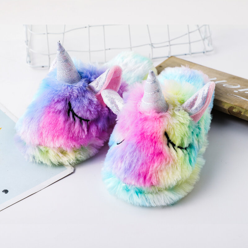 Invierno de las niñas Arco Iris unicornio zapatillas de niños de dibujos animados pijama Kigurumi Zapatos Infantiles para niñas zapatillas unicornio para chicas