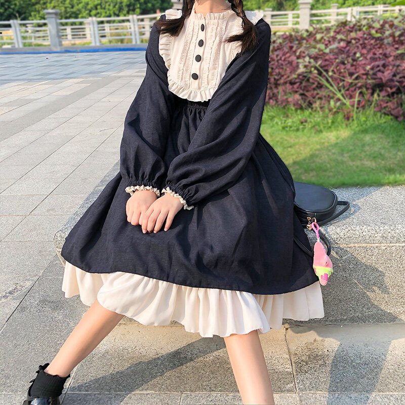 Kawaii جديد نمط اليابانية لينة فتاة لوليتا الحلو عالية الخصر الأسود القوطية Ruffled op فستان بأكمام طويلة النساء
