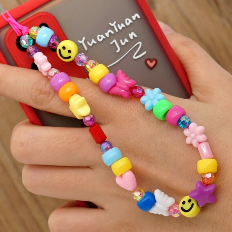 Woven LOVE Letter Beaded Anti-lost Phone Chain Fruit Smiley Soft Ceramic Lanyard Cute Strap Mobile for Girls Phone Choker Keys