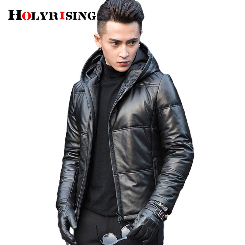 Holyrising 100% vera pelle di montone giacca da uomo 90% piumino piumino in pelle con cappuccio giacca da uomo calda 19441